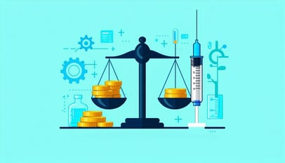 A clean and simple icon showing a balance scale with coins on one side and a syringe or vial on the other representing costperpreparation calculations Behind or above the scale abstract symbols for strategy and simulation eg gear chart decision tree-1