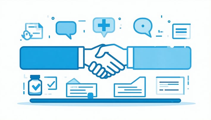 An icon showing two pharmacists shaking hands or working together at a shared table with documents or a tablet Around them are subtle symbols like a hospital cross chat bubbles and a checklistrepresenting interhospital collaboration knowledge sharing